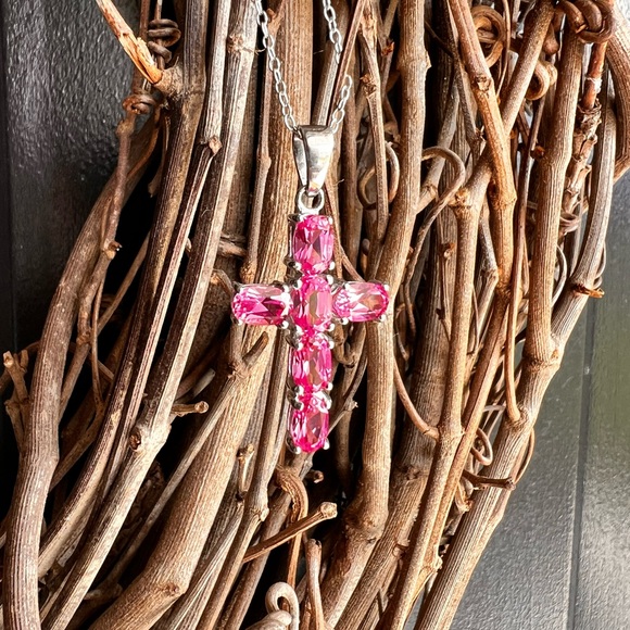 Sterling Raspberry Rhodolite Garnet Cross Pendant - Picture 2 of 5